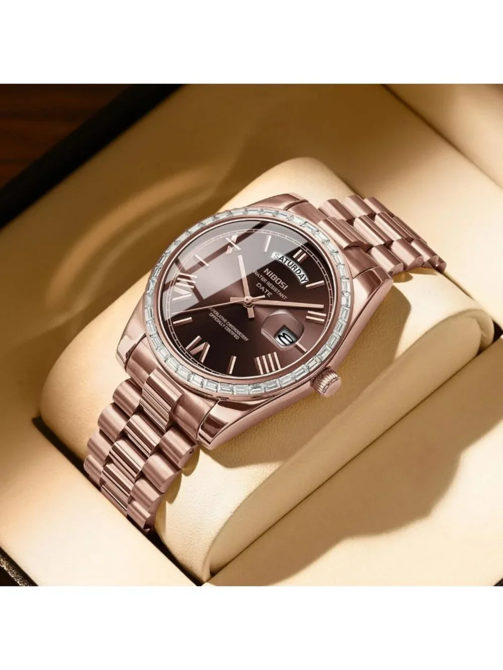 Luxury Men's Analog Quartz Watch, Rose Gold Stainless Steel, Waterproof, Brown